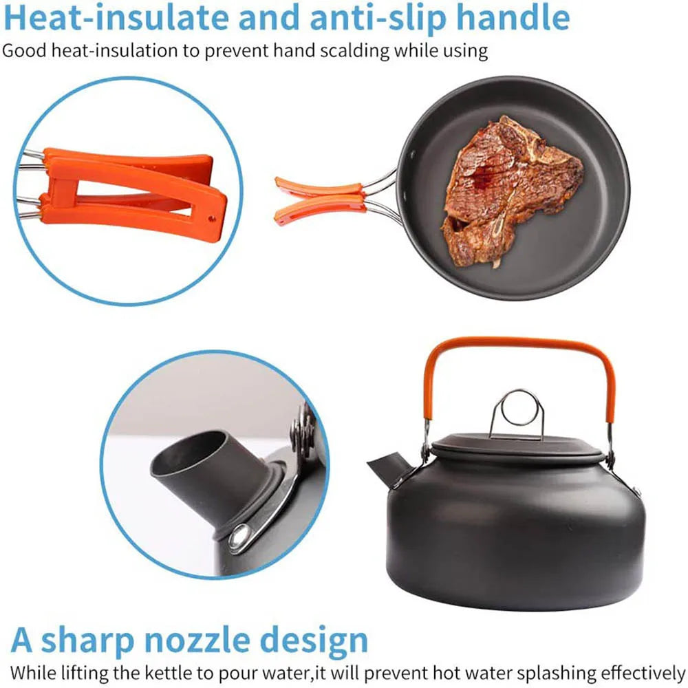 1pcs/1set Camping Cookware Kit Outdoor Cooking Set Aluminum Equipment Outdoor Pot Travel Tableware Kitchen Hiking Picnic BBQ