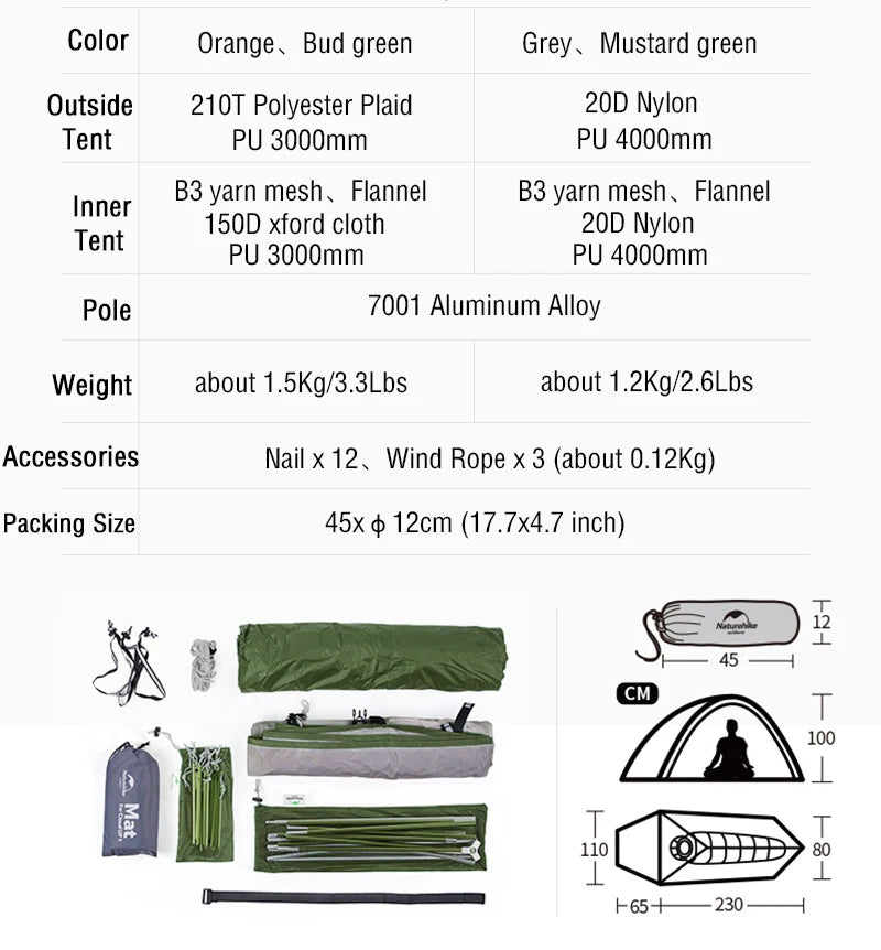 Naturehike Mongar 2 Tent Cloud Up 1 2 3 Persons Tent Star River Tent Cycling Tent Ultralight Outdoor Travel Hiking Camping Tent