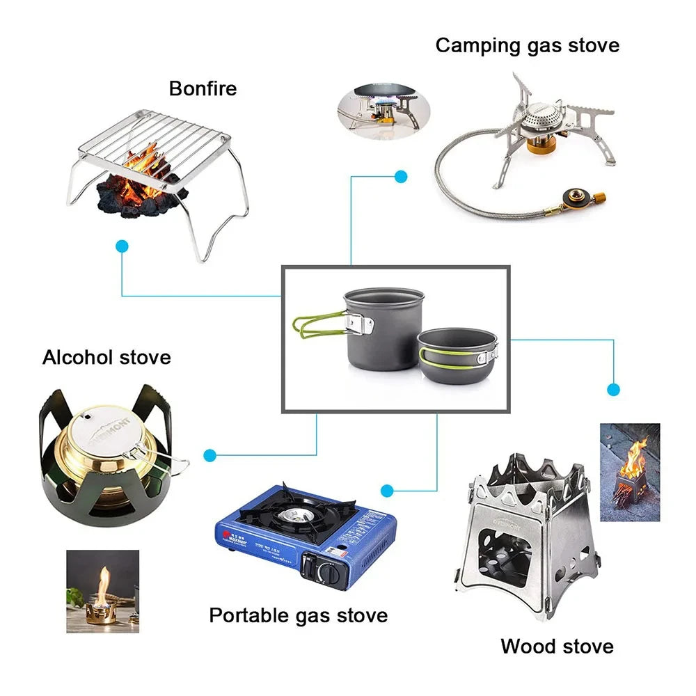 Camping Pots Cookware Set Portable Outdoor Cooking Tableware for Hiking Trekking Picnic Fishing Mountaineering