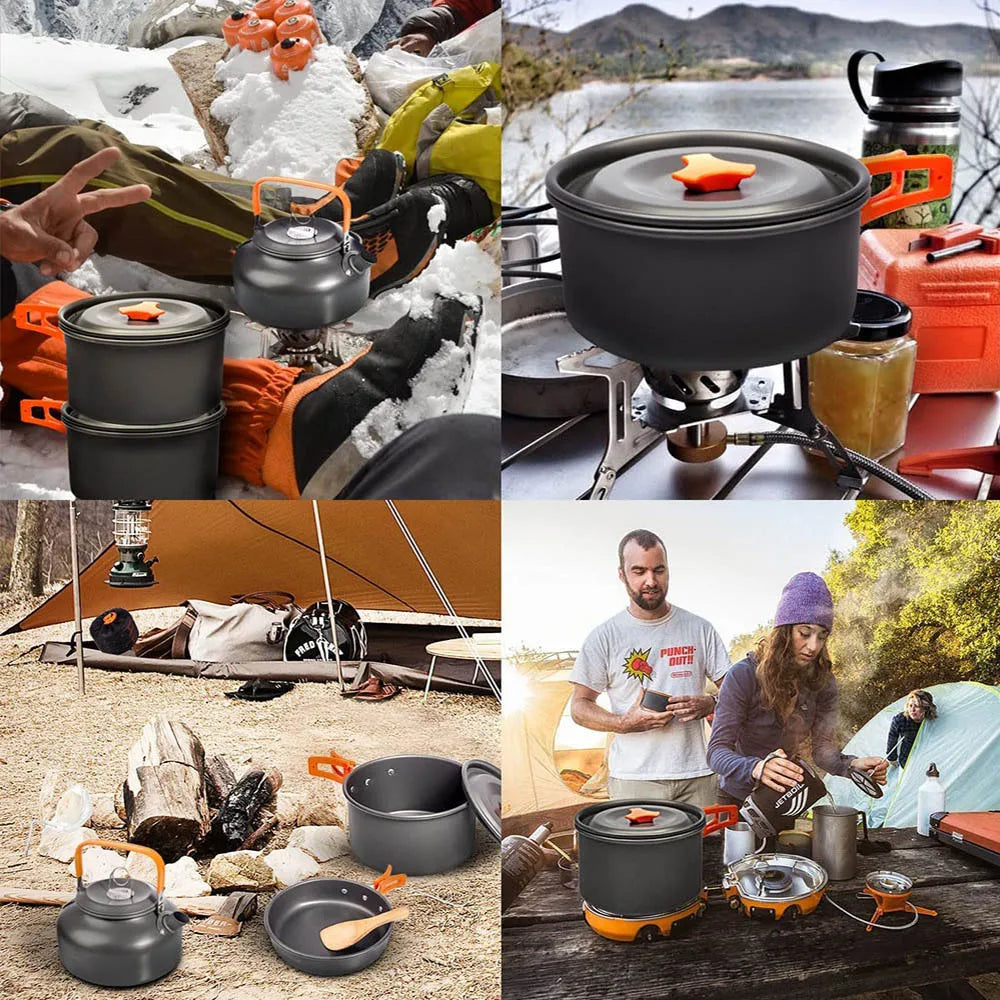 1pcs/1set Camping Cookware Kit Outdoor Cooking Set Aluminum Equipment Outdoor Pot Travel Tableware Kitchen Hiking Picnic BBQ