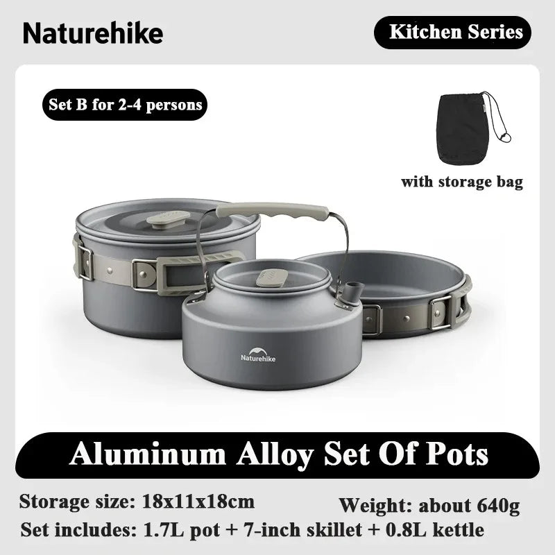 Naturehike Camping Pot Set 4-7 Persons Aluminum Alloy Cookware Pot Set Portable Outdoor Picnic Tableware Camping Cookware Kit