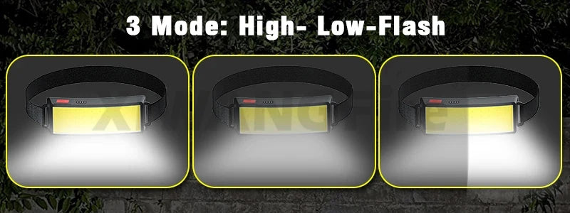 COB LED Headlight Flashlight 3 Mode USB Rechargeable HeadLamp Hiking Camping Lamp