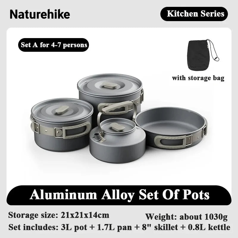 Naturehike Camping Pot Set 4-7 Persons Aluminum Alloy Cookware Pot Set Portable Outdoor Picnic Tableware Camping Cookware Kit