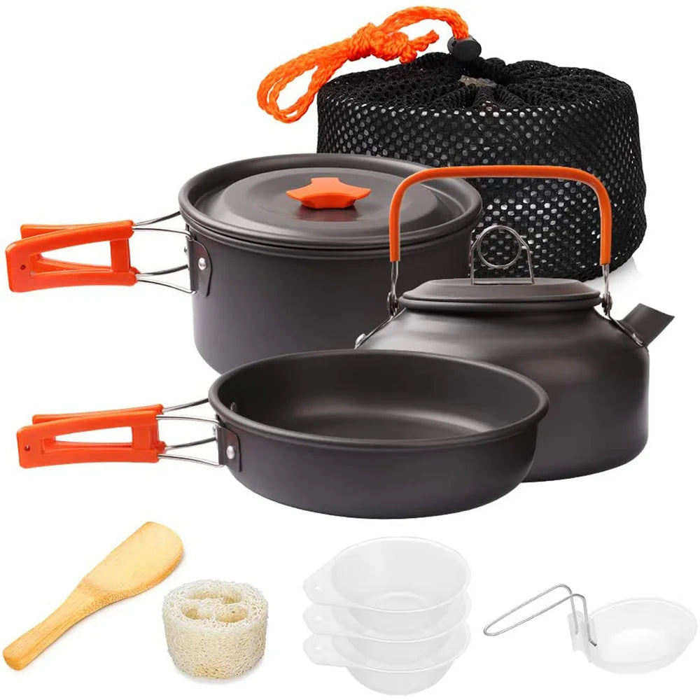 1pcs/1set Camping Cookware Kit Outdoor Cooking Set Aluminum Equipment Outdoor Pot Travel Tableware Kitchen Hiking Picnic BBQ