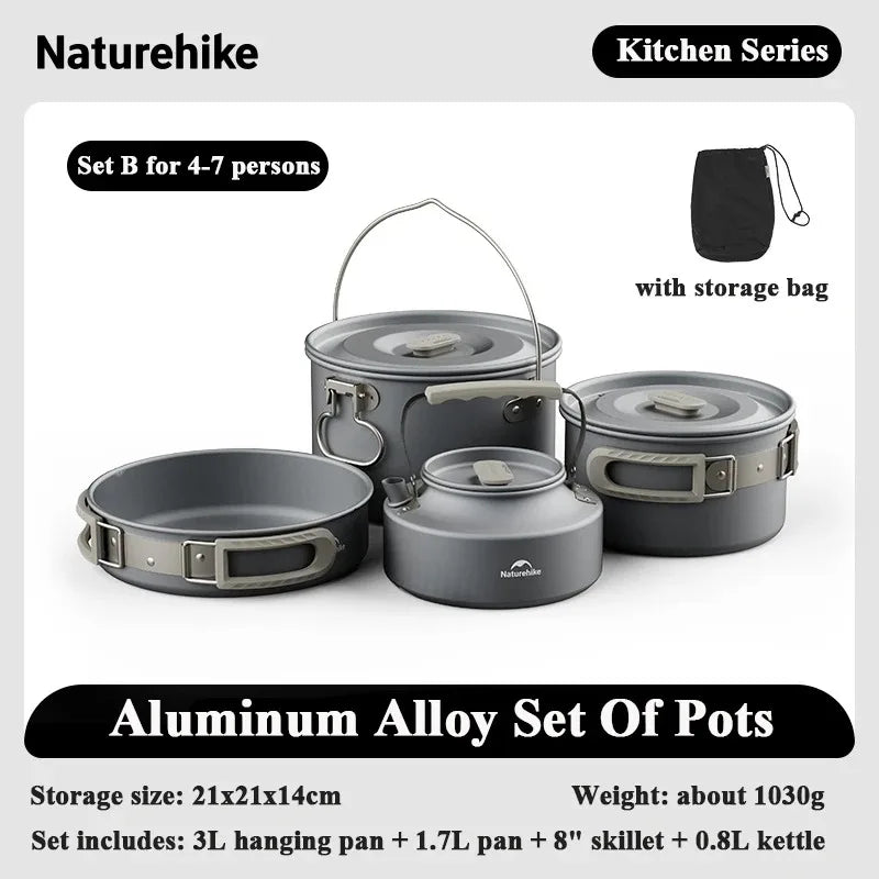Naturehike Camping Pot Set 4-7 Persons Aluminum Alloy Cookware Pot Set Portable Outdoor Picnic Tableware Camping Cookware Kit