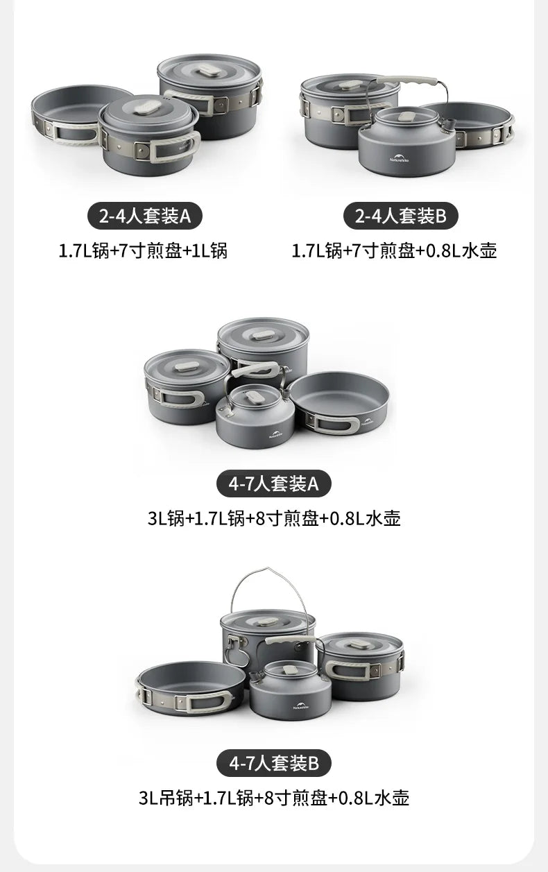 Naturehike Camping Pot Set 4-7 Persons Aluminum Alloy Cookware Pot Set Portable Outdoor Picnic Tableware Camping Cookware Kit