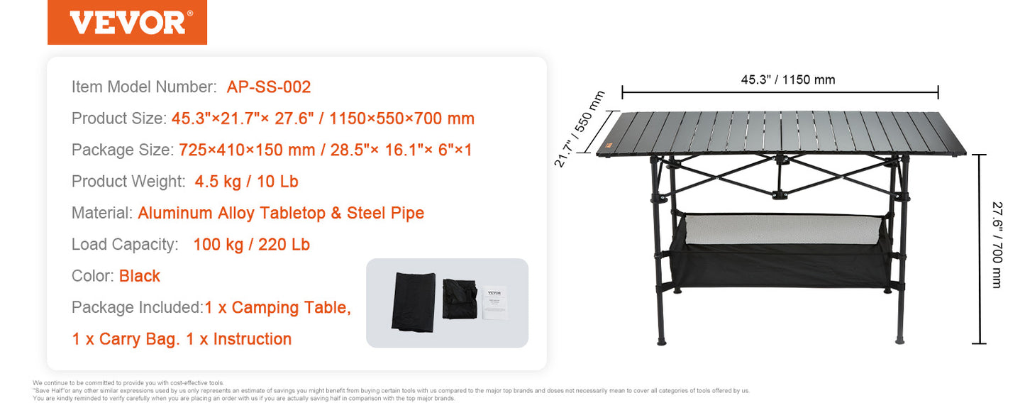 VEVOR 220/66lbs Outdoor Camping Folding Table Picnic Equipment W/Black Storage Bag Aluminum Alloy Chicken Roll Table BBQ Desk