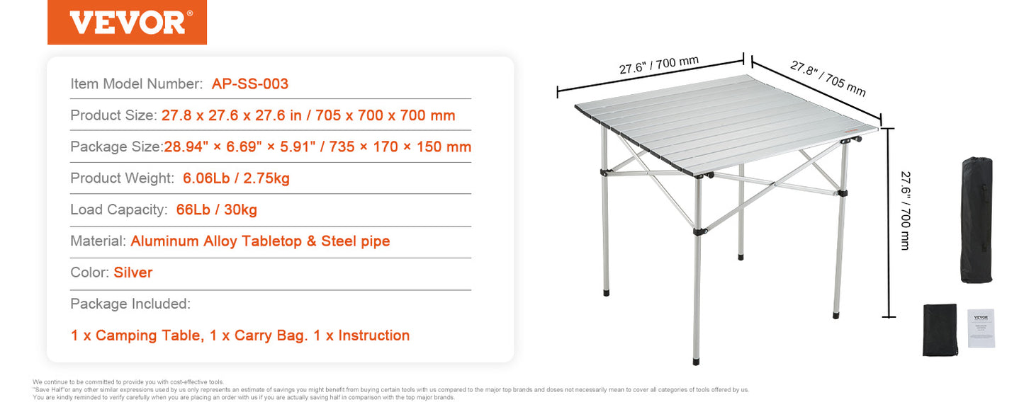 VEVOR 220/66lbs Outdoor Camping Folding Table Picnic Equipment W/Black Storage Bag Aluminum Alloy Chicken Roll Table BBQ Desk