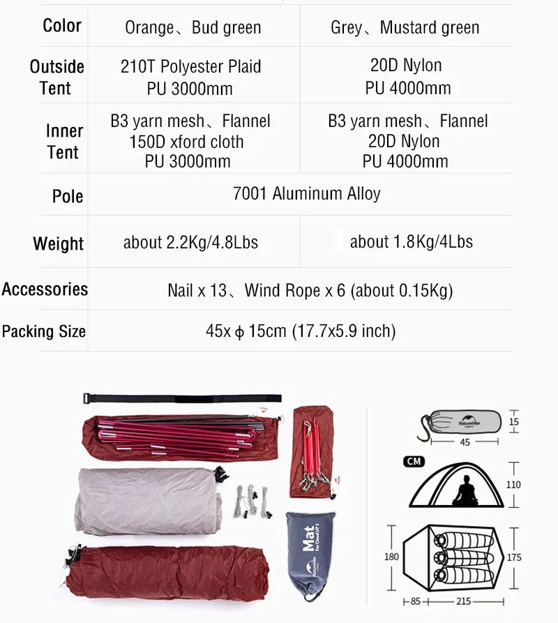 Naturehike Mongar 2 Tent Cloud Up 1 2 3 Persons Tent Star River Tent Cycling Tent Ultralight Outdoor Travel Hiking Camping Tent