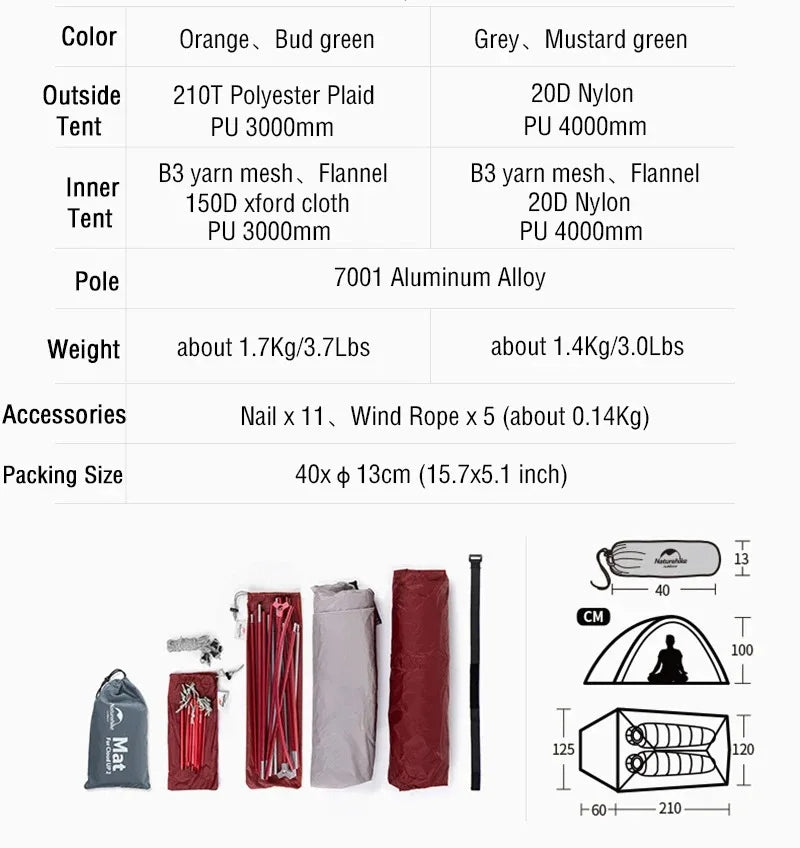Naturehike Mongar 2 Tent Cloud Up 1 2 3 Persons Tent Star River Tent Cycling Tent Ultralight Outdoor Travel Hiking Camping Tent